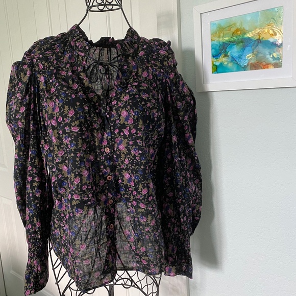 NWT Free People Oversized Black Floral Tie Front Blouse Sz XS - Picture 3 of 10